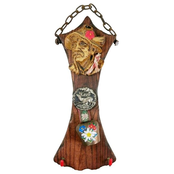 Handmade Other - 1970s Folk Art Key Rack – Alpine Bust, Buck Medallion, Bell, Rustic Wood